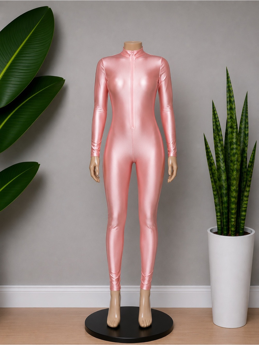 Women's Shiny Pink Full-Zip Catsuit Jumpsuit